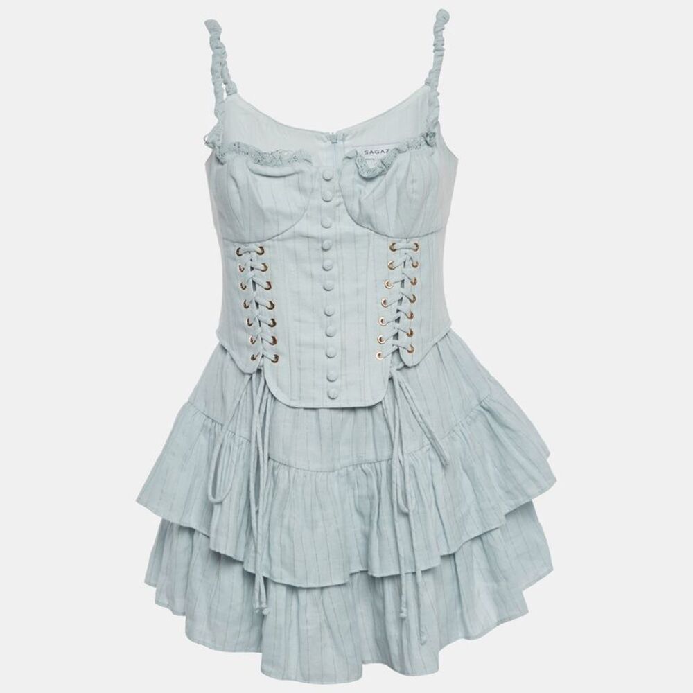 Sagaza Light Blue Pin Striped Cotton Rokoko Mini Dress